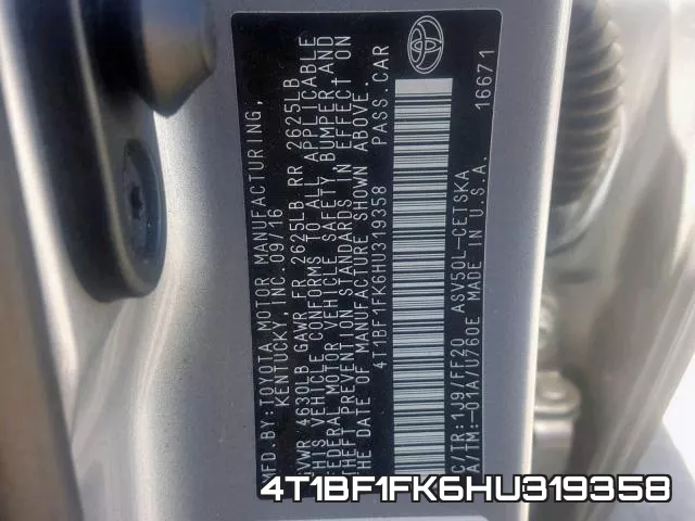 4T1BF1FK6HU319358 фото 2