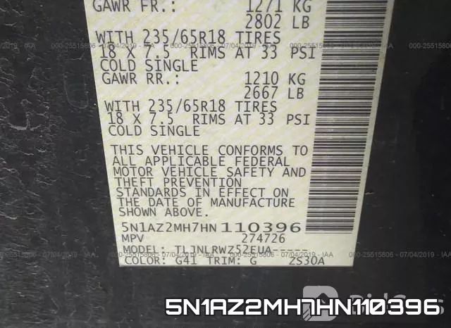 5N1AZ2MH7HN110396 фото 10
