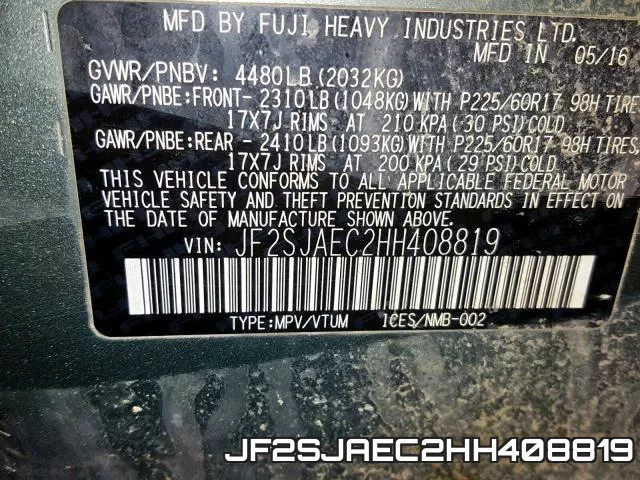 JF2SJAEC2HH408819 фото 2