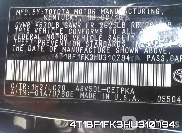 4T1BF1FK3HU310794 фото 9