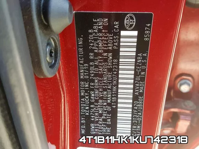 4T1B11HK1KU742318 фото 2