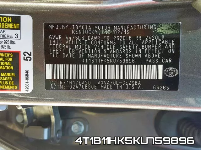 4T1B11HK5KU759896 фото 2