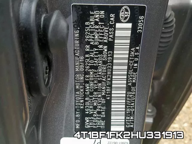 4T1BF1FK2HU331913 фото 2
