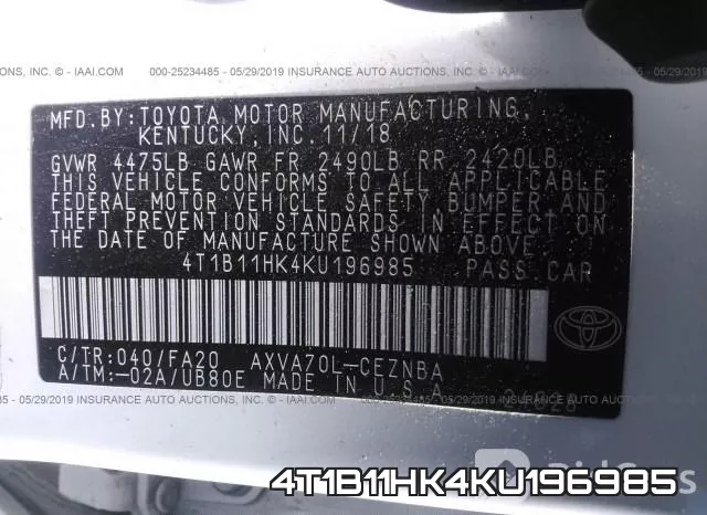 4T1B11HK4KU196985 фото 10