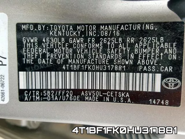 4T1BF1FK0HU317881 фото 2