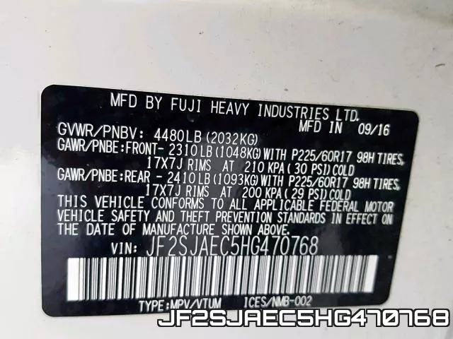 JF2SJAEC5HG470768 фото 2