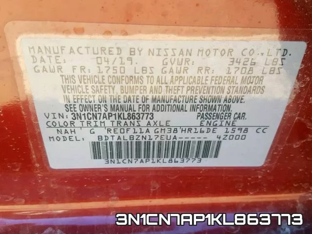 3N1CN7AP1KL863773 фото 2