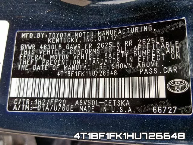 4T1BF1FK1HU726648 фото 2
