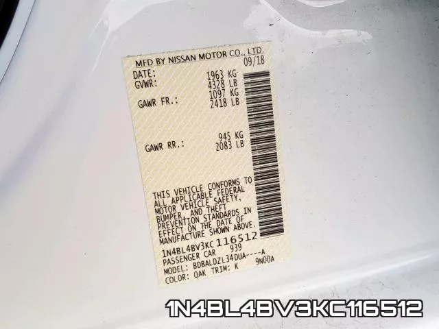 1N4BL4BV3KC116512 фото 2