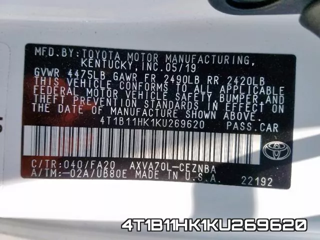 4T1B11HK1KU269620 фото 2