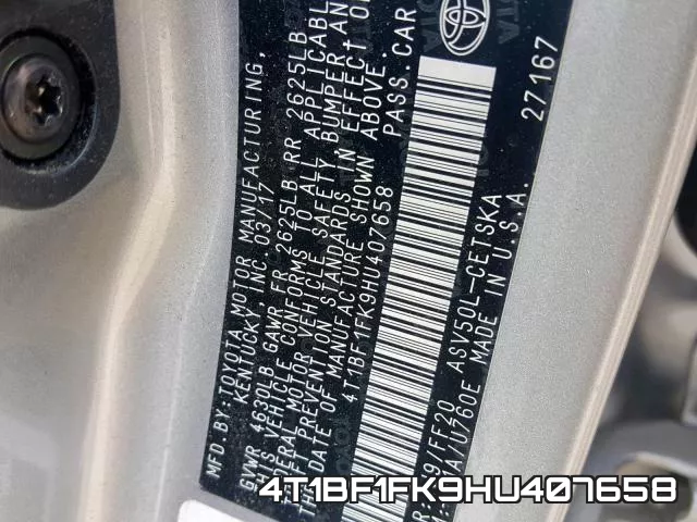 4T1BF1FK9HU407658 фото 2