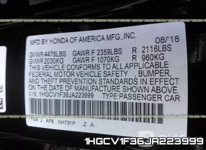 1HGCV1F36JA223999 фото 10