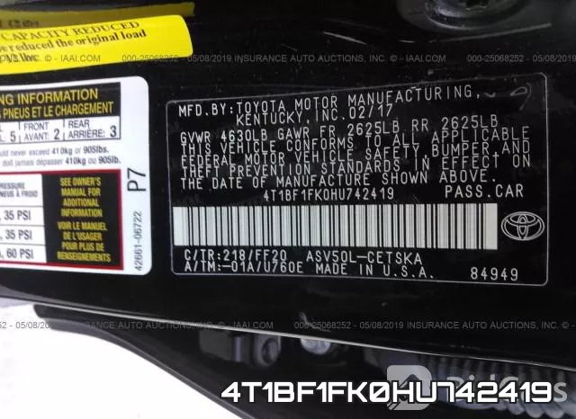 4T1BF1FK0HU742419 фото 10