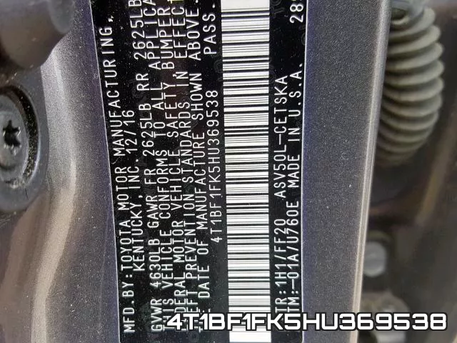 4T1BF1FK5HU369538 фото 2