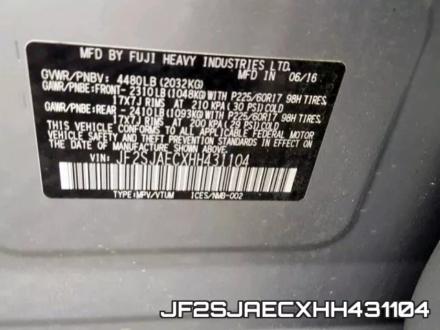 JF2SJAECXHH431104 фото 2