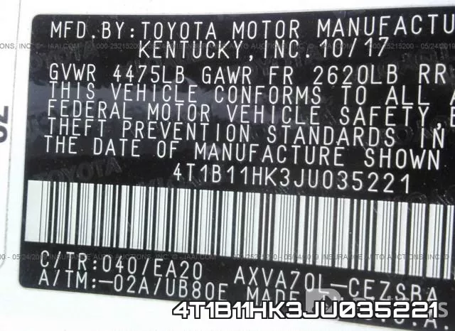 4T1B11HK3JU035221 фото 10