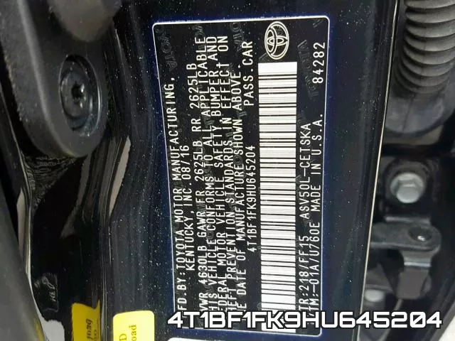 4T1BF1FK9HU645204 фото 2