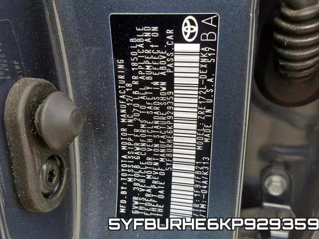 5YFBURHE6KP929359 фото 2