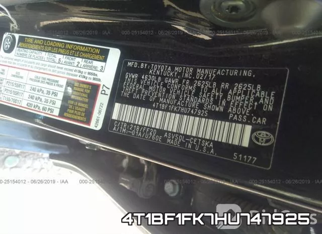 4T1BF1FK7HU747925 фото 10