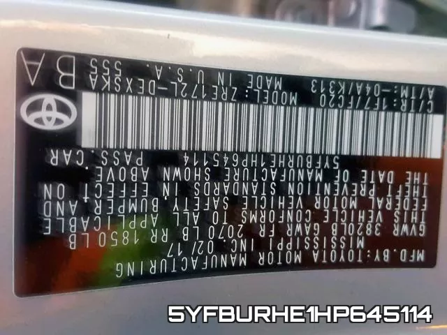 5YFBURHE1HP645114 фото 2
