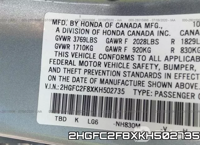 2HGFC2F8XKH502735 фото 10