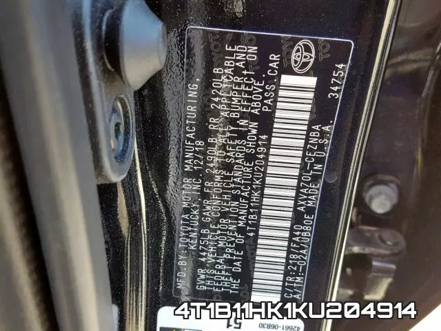 4T1B11HK1KU204914 фото 2