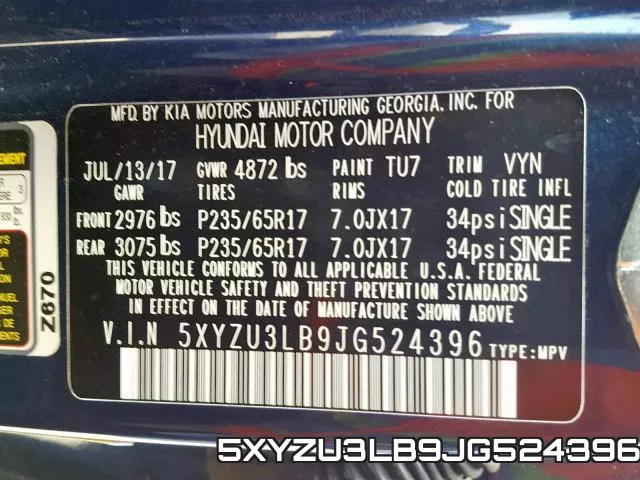5XYZU3LB9JG524396 фото 2