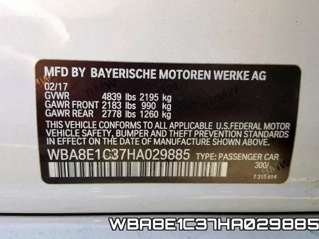WBA8E1C37HA029885 фото 2