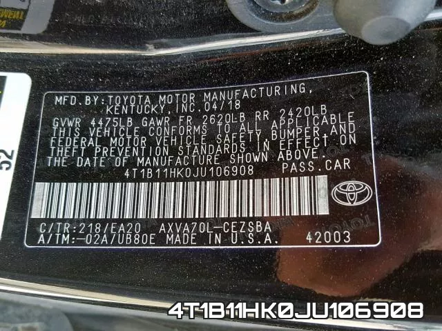4T1B11HK0JU106908 фото 2