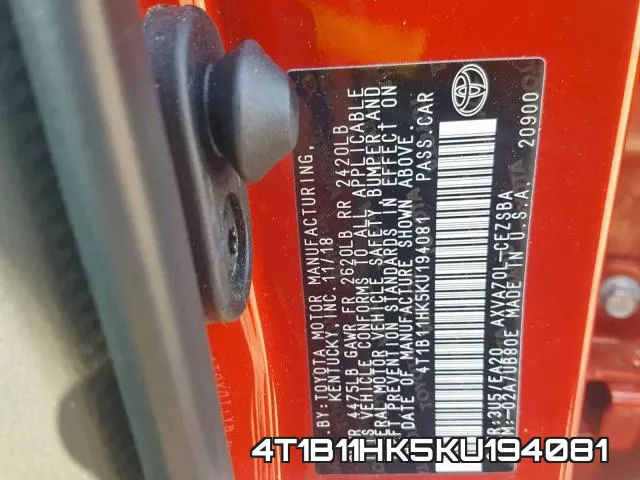 4T1B11HK5KU194081 фото 2