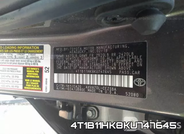 4T1B11HK8KU747645 фото 10