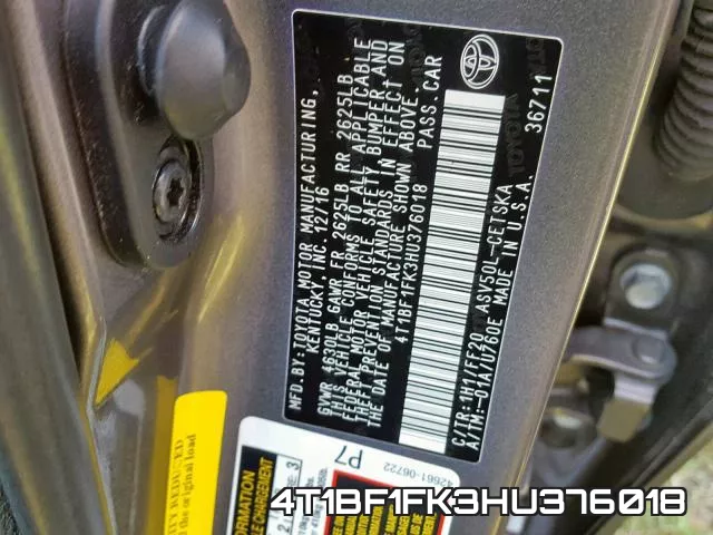 4T1BF1FK3HU376018 фото 2