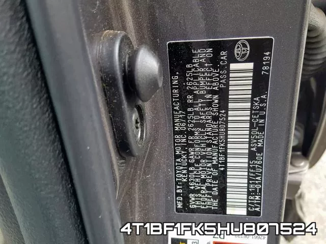 4T1BF1FK5HU807524 фото 2