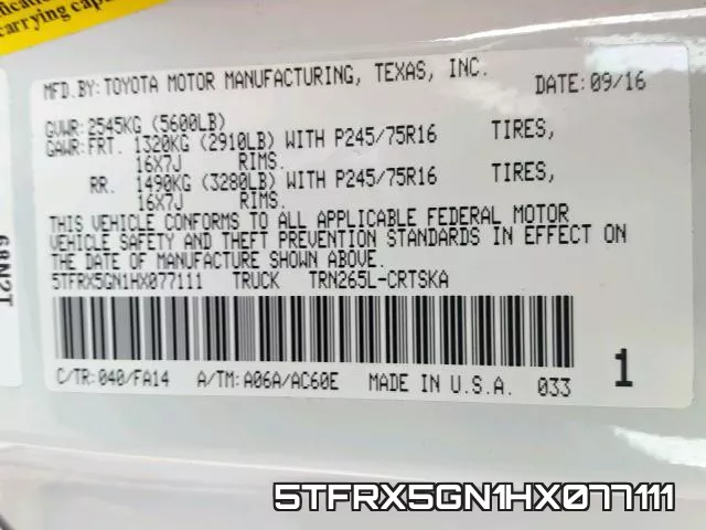 5TFRX5GN1HX077111 фото 2