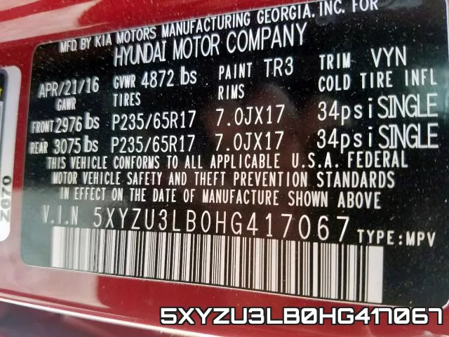 5XYZU3LB0HG417067 фото 2