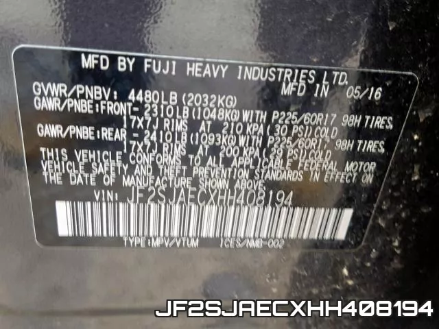 JF2SJAECXHH408194 фото 2