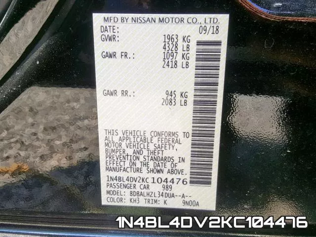 1N4BL4DV2KC104476 фото 2