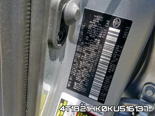 4T1B21HK0KU516137 фото 2