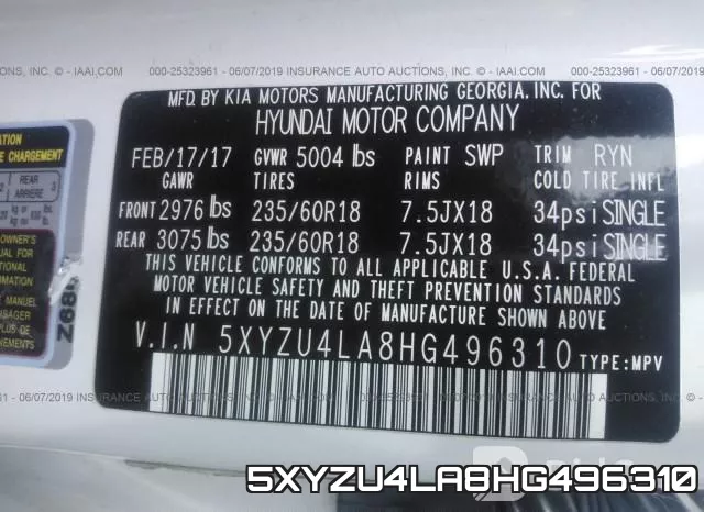 5XYZU4LA8HG496310 фото 10