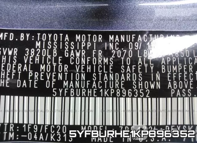 5YFBURHE1KP896352 фото 9
