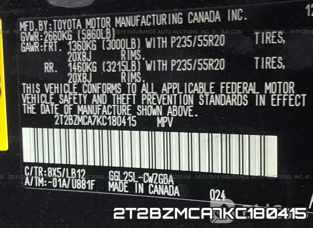 2T2BZMCA7KC180415 фото 10