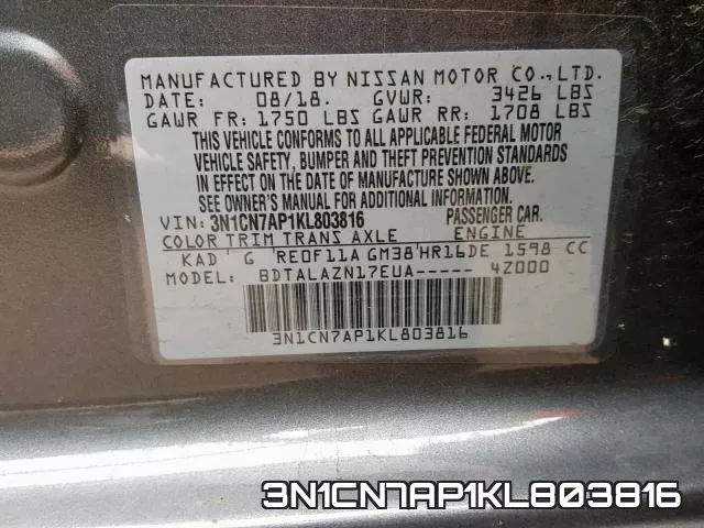 3N1CN7AP1KL803816 фото 2