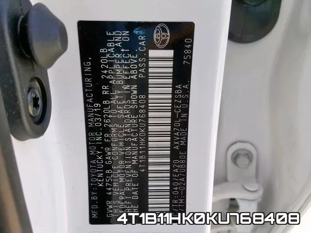 4T1B11HK0KU768408 фото 2