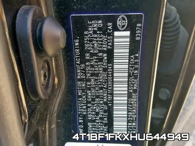 4T1BF1FKXHU644949 фото 2
