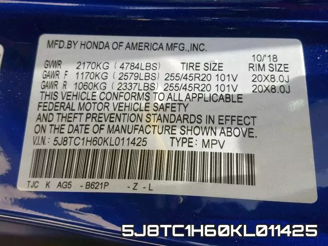 5J8TC1H60KL011425 фото 2