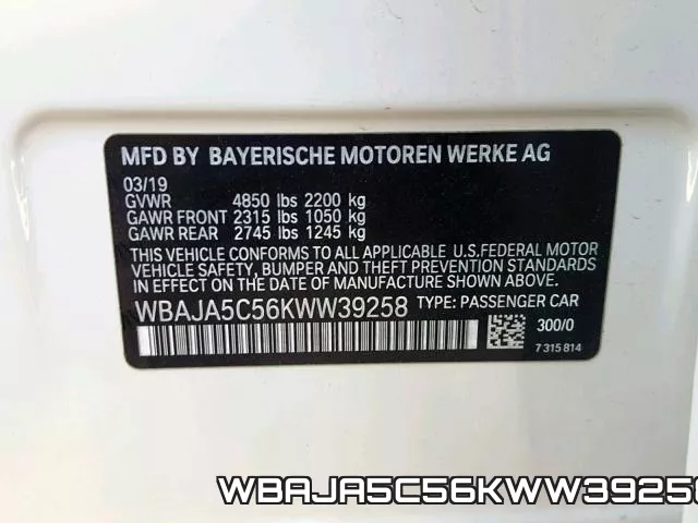 WBAJA5C56KWW39258 фото 2