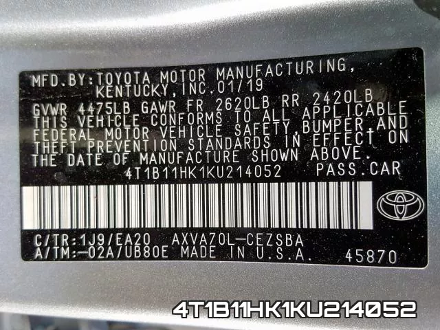 4T1B11HK1KU214052 фото 2