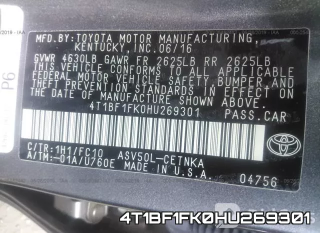 4T1BF1FK0HU269301 фото 10