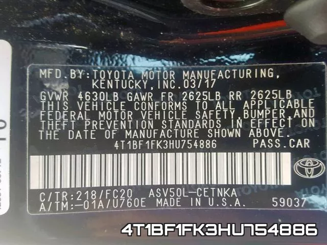 4T1BF1FK3HU754886 фото 2