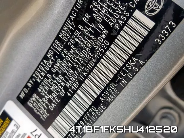 4T1BF1FK5HU412520 фото 2